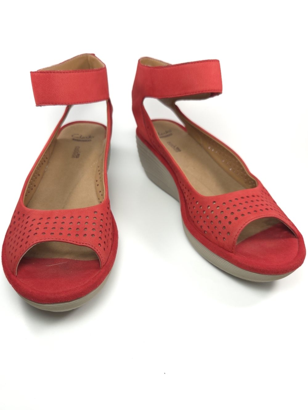 Clarks Reedly Salene Red Perforated Leather Peep‑Toe Wedge Sandals W 8.5 - Picture 5 of 16